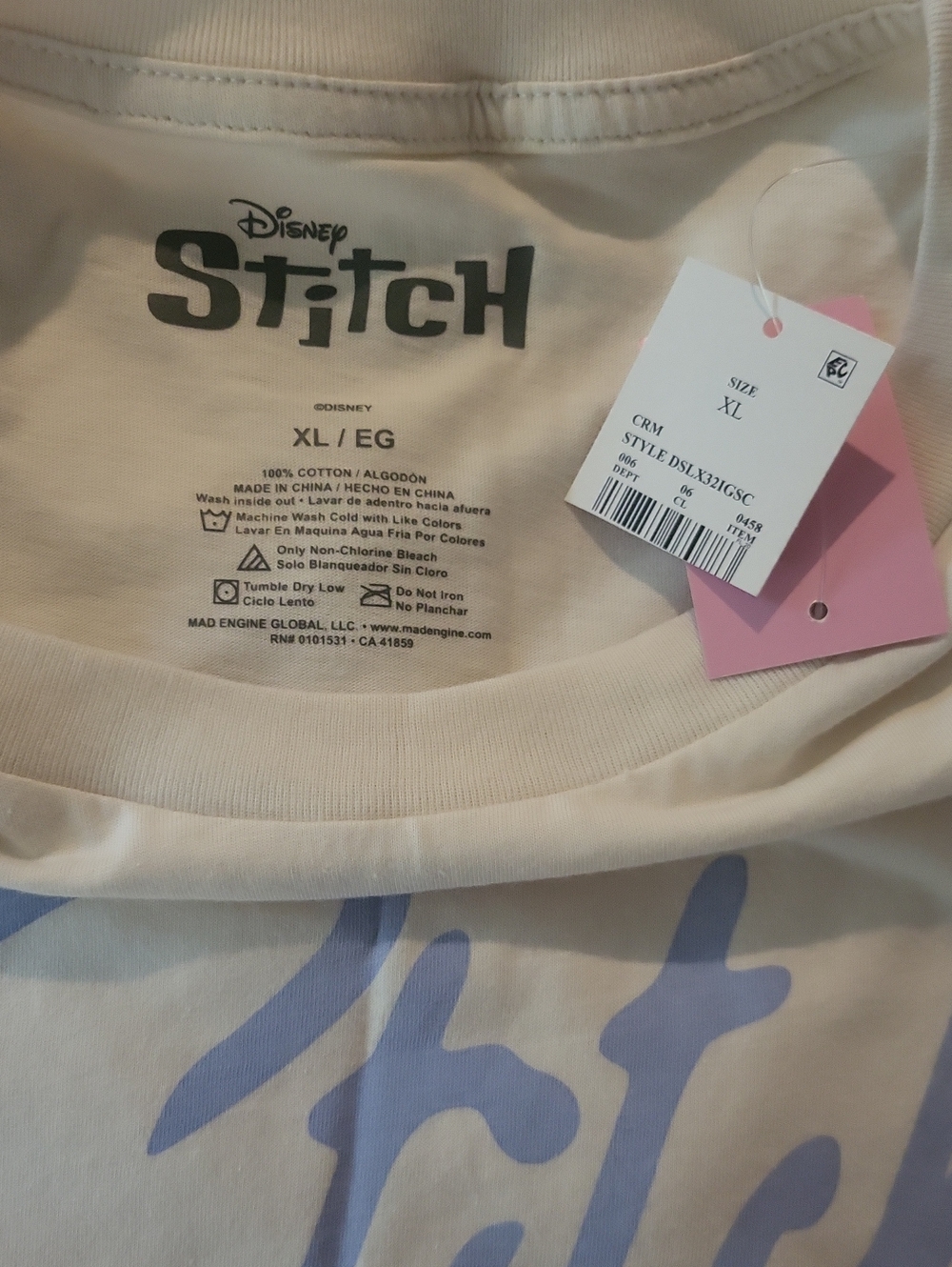 NWT! Disney Stitch Tee in Cream with Lavender Print 100% Cotton - Size XL - Picture 2 of 3